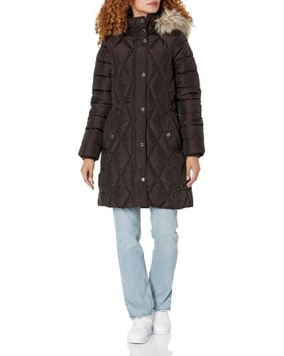 Anne Klein 3/4 Puffer With Faux Fur Hood - Black