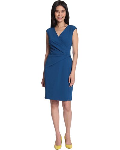 Maggy London Faux Wrap V-neck Dress With Gathering - Blue