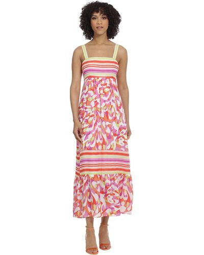 Maggy London Bold Colorful Fun Printed Georgette Maxi Dress - Red