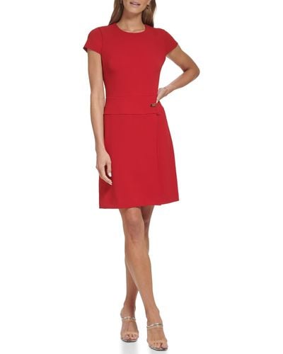 DKNY Cap Sleeve Scuba Crepe Jewel Neck Dress - Red