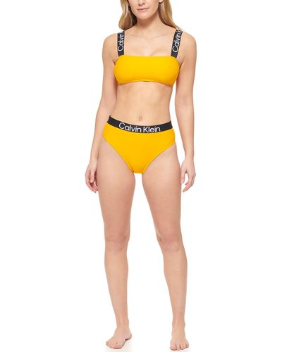 Calvin Klein Standard Bra Top With Removable Soft Cups High Waist Bottom Logo Elastic 2 Piece Set - Orange