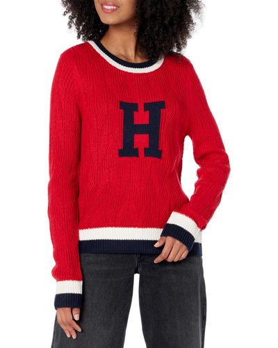 Tommy Hilfiger Chevron Varsity Crewneck Sweater Pullover - Red