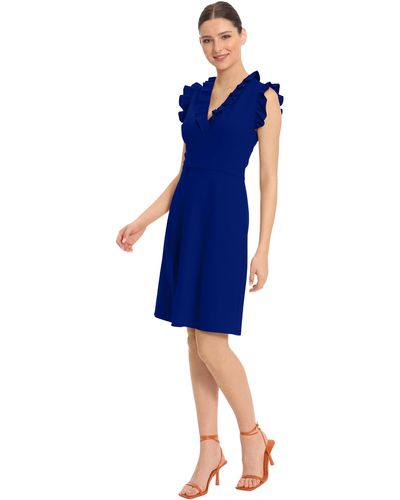 Maggy London V-neck Dress With Ruffle Details - Blue