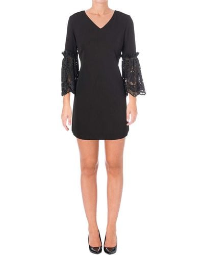 Tahari By Arthur S. Levine Petite Size V Neck Shift Dress With Lace Bell Sleeve Details - Black