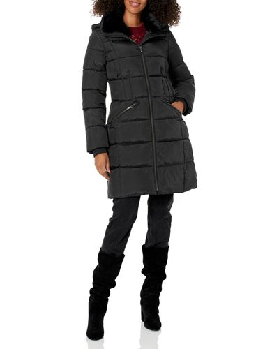 Anne Klein 3/4 Puffer With Faux Fur Collar - Black