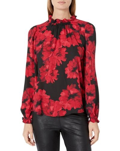 Anne Klein Floral Printed Ruffle Neck Blouse With Keyhole Back - Red