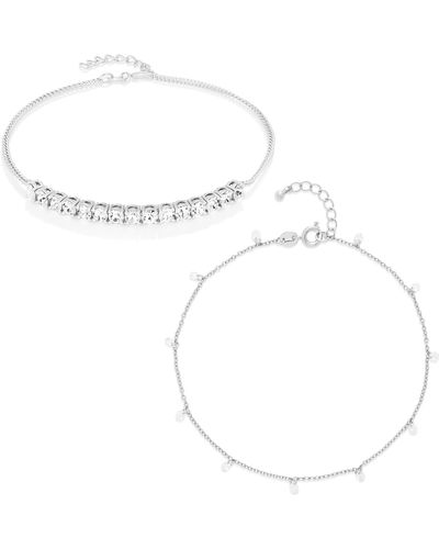 Amazon Essentials Sterling Silver Plated Cubic Zirconia Tennis And Stations Anklet Set 9" + 1" Extender - White