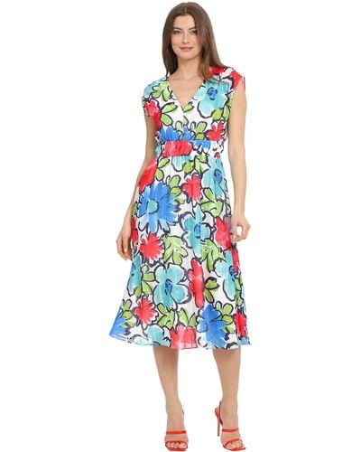 Maggy London Plus Size Sleeveless V-neck Floral Printed Ribbon Stripe Dress Day Party Event Date Guest Of - White