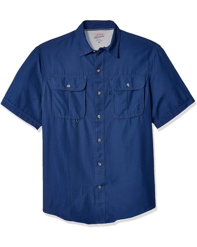 Izod Surfcaster Short Sleeve Button Down Solid Fishing Shirt - Blue