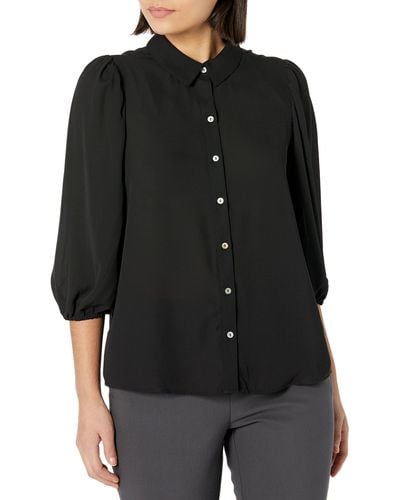 Nanette Lepore Women's Cotton Poplin Blouse - 3/4 Puff Sleeve Button Down Shirt