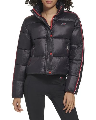 Tommy Hilfiger Cropped Fit Zipper Pockets Puffer Jacket Logo Taping Down Sleeves - Black