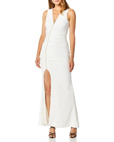 Dress the Population Cher Exposed Zipper Plunging Long Gown Dress - White