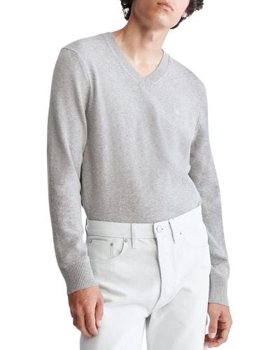 Calvin Klein Regular-fit Merino Wool V-neck Sweater - Gray