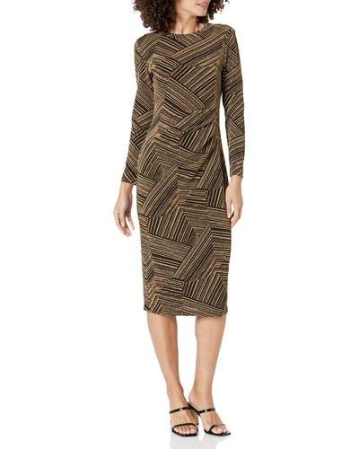 Anne Klein Long Sleeve Dress With Side Pleating Detail - Natural