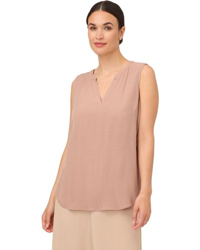 Adrianna Papell Solid Woven Dobby Dot Sleeveless V-neck Top - Natural