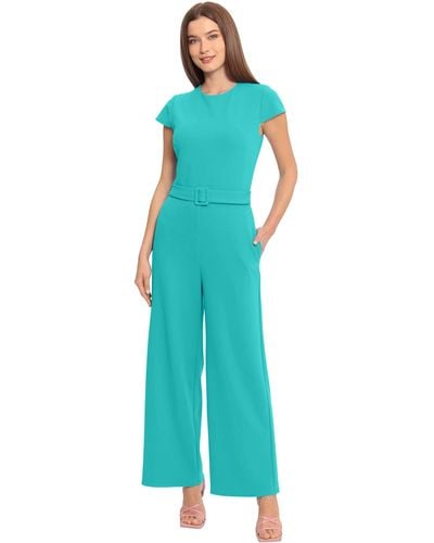 Maggy London Belted Wide Pant Leg Jumpsuit Workwear Office Occasion Event Guest Of - Blue