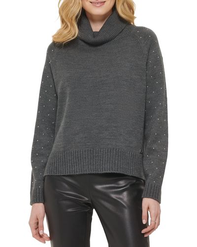 DKNY Long Sleeve Turtleneck Studded Sweater - Gray