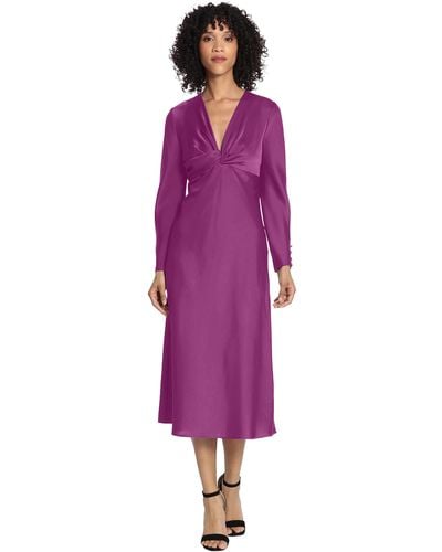 Maggy London S Twist V-neck Bias Skirt Midi Cocktail Dress - Purple