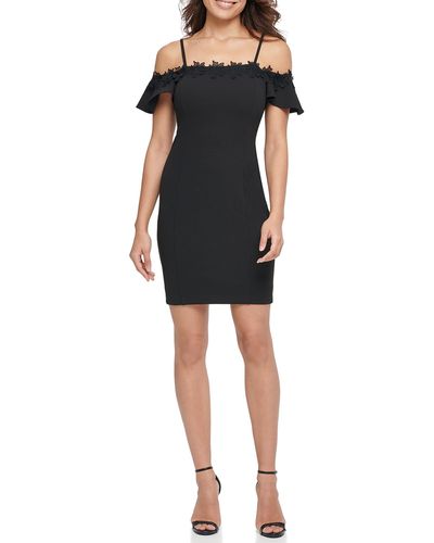 Kensie Crepe Scuba Dress With Dotted Mesh Top - Black