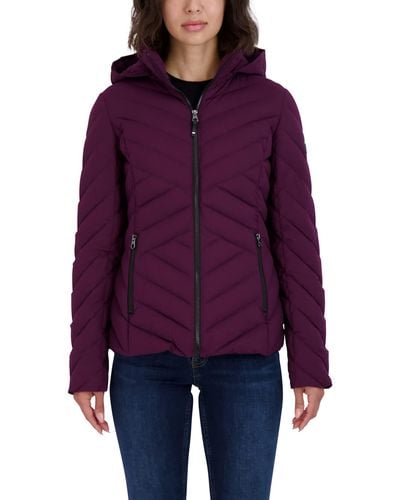 Nautica Short Stretch Lightweight Puffer Jacket With Removeable Hood - Purple