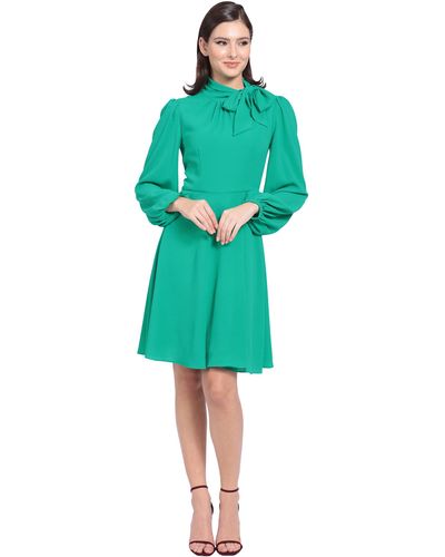Maggy London Womens Long Sleeve Tie Neck Fit And Flare Dress - Green