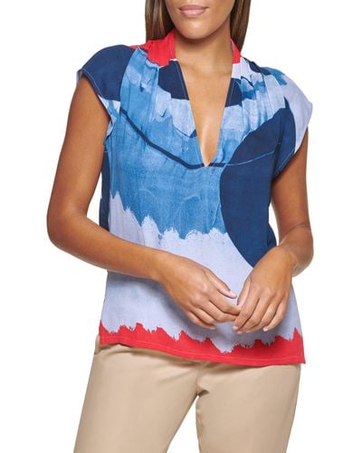 DKNY Womens Short Sleeve Woven Pull Over Blouse - Blue