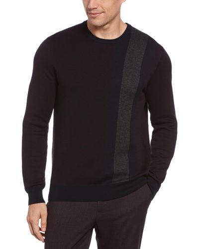 Perry Ellis Placed Stripe Crew Neck Sweater - Black