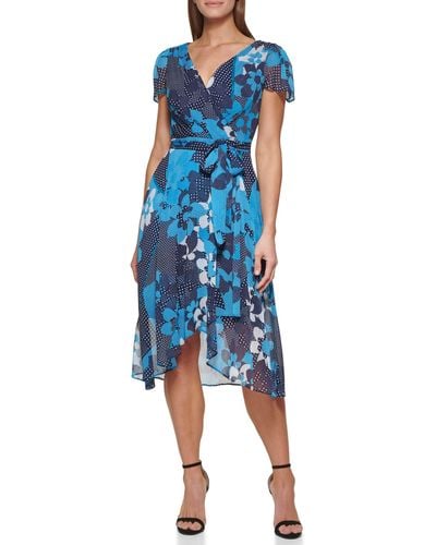 DKNY Faux Wrap Tea Length Wrap Dress - Blue