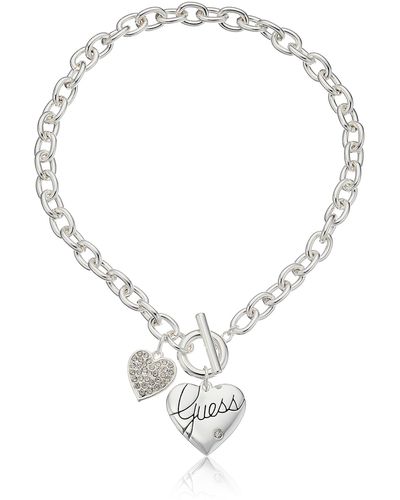 Guess "basic Silver Logo Heart And Pave Heart Toggle Pendant Necklace - Metallic