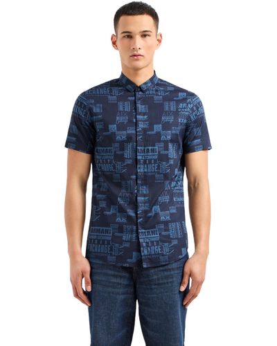 Emporio Armani A | X Armani Exchange Short Sleeve All-over Logo Button Down Shirt. Slim Fit - Blue