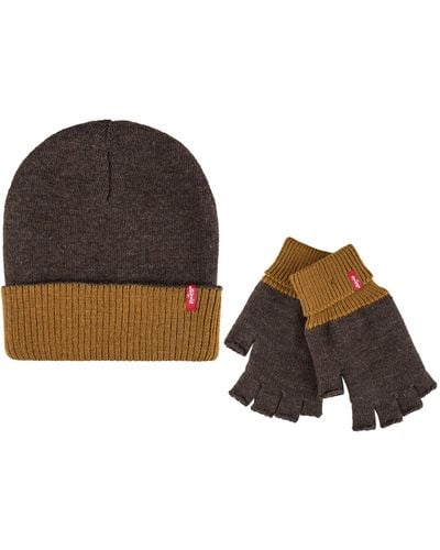 Levi's Reversible Beanie With Fingerless Gloves Set - Brown