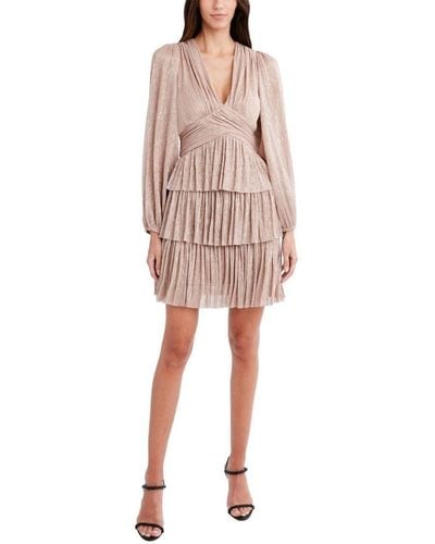 BCBGMAXAZRIA Womens Long Sleeve Fit And Flare Tiered Ruffle Evening Dress - Natural