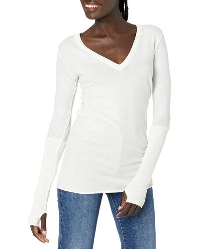 Enza Costa Womens Cashmere Long Sleeve Cuffed V-neck Top With Thumbhole T Shirt - White