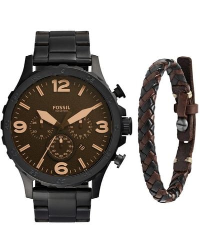 Fossil Nate Quartz Stainless Steel Chronograph Watch Leather Braided Leather Bracelet - Black