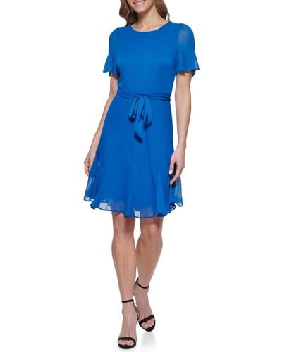 DKNY Petite Double Ruffle Sleeve Fit And Flare Dress - Blue