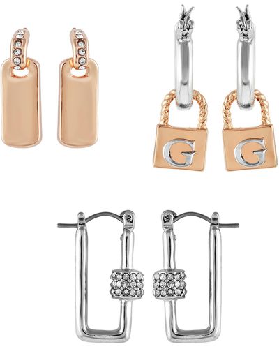 Guess Two Tone Lock Charm And Glass Stones Mixed Earring Set - White