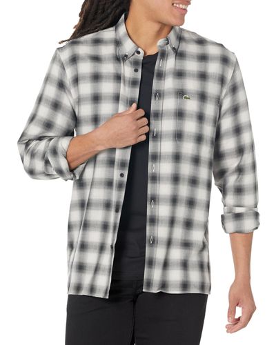 Lacoste Regular Fit Long Sleeve Plaid Collared Button Down Shirt W/front Chest Pocket - Gray