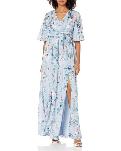 Adrianna Papell Plus Size Printed Floral Chiffon Gown - Blue