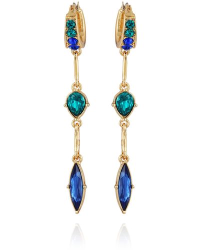 Guess Gold-tone Mini Hoops With Blue Zircon And Sapphire Colored Stones Linear Drop Earrings