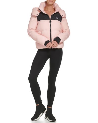DKNY Sport Colorblock Logo Puffer W/removeable Hood - Pink