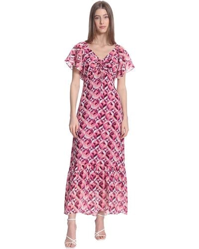 Donna Morgan Plus Size V-neck Ruched Bodice Empire Seam Flutter Sleeve Maxi - Pink