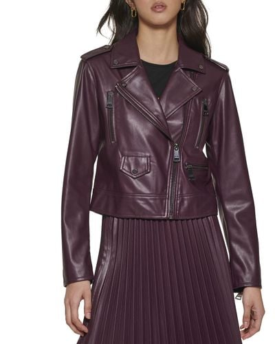 DKNY Zipped Detail Faux Leather Moto Jacket - Purple
