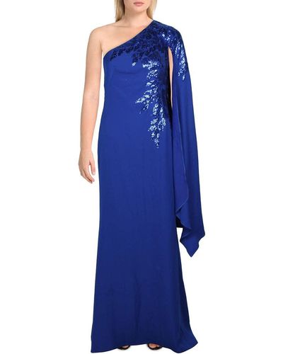 Tadashi Shoji One Shoulder Cape Sleeve Crepe Gown With Sequin Detail - Blue