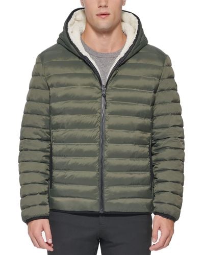 DKNY Quilted Hooded Reversible Puffer Jacket With Sherpa - Green