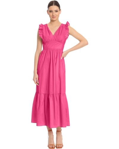 Maggy London V-neck Ruffle Details Cotton Poplin Maxi Dress - Pink