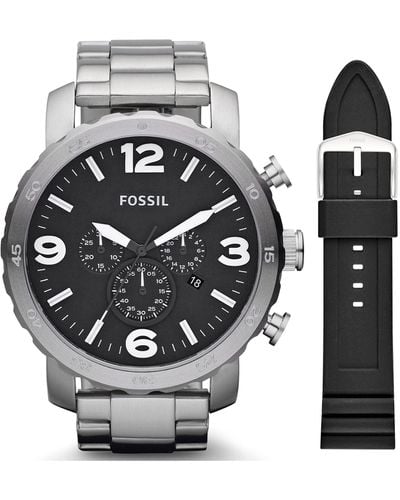 Fossil Nate Stainless Steel Quartz Chronograph Watch + Silicone Interchangeable Watch Band Strap - Black