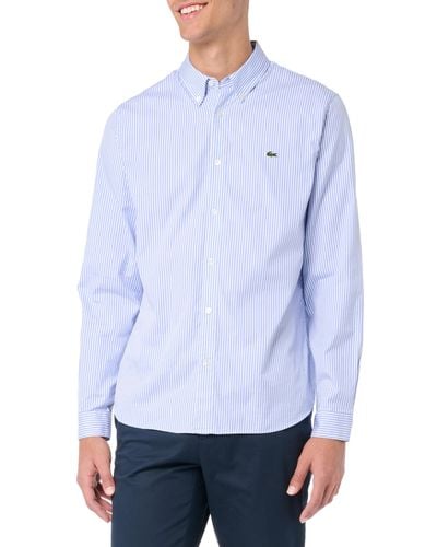 Lacoste Regular Fit Long Sleeve Button Down Stripe Shirt - Blue