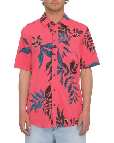 Volcom Marble Floral Short Sleeve Button Down Hawaiian Shirt - Pink