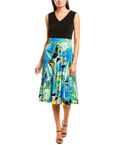 Donna Morgan Plus Size Solid Top V Neck Pleated Skirt Sleeveless Matte Jersey Dress - Blue