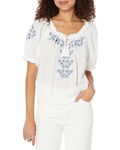 Lucky Brand Short Sleeve Geo Embroidered Peasant Top - White